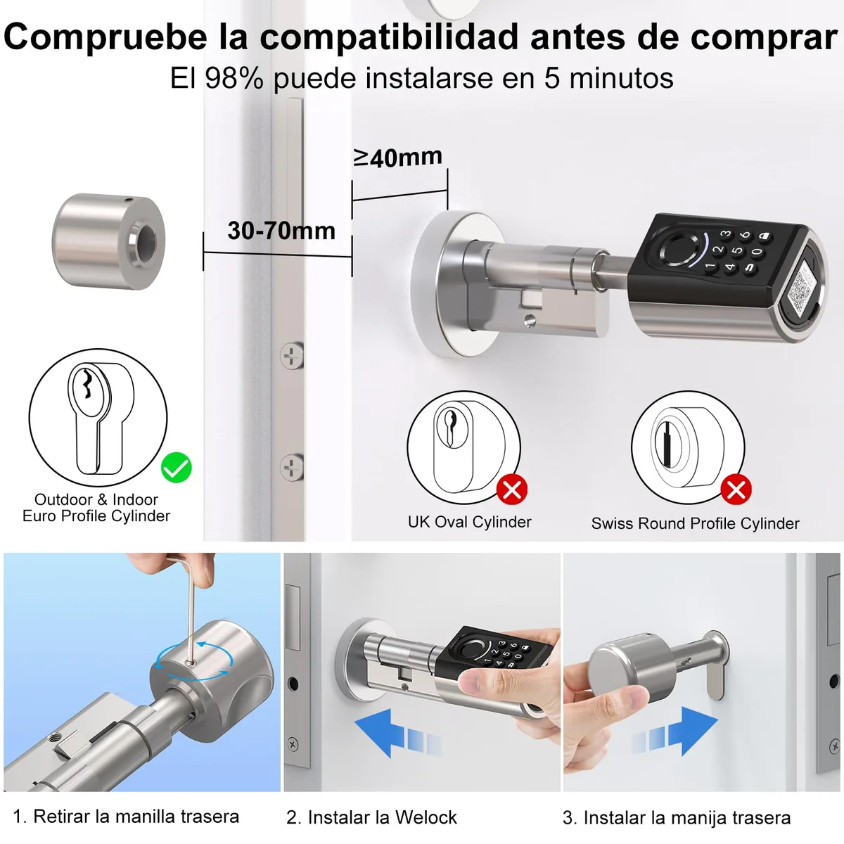 WELOCK ToucA51 — bombín inteligente con huella, código y tarjeta (Bluetooth, WiFi opcional) — imagen 4